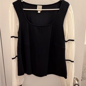 Maeve Black and White Blouse with Contrast Sleeves